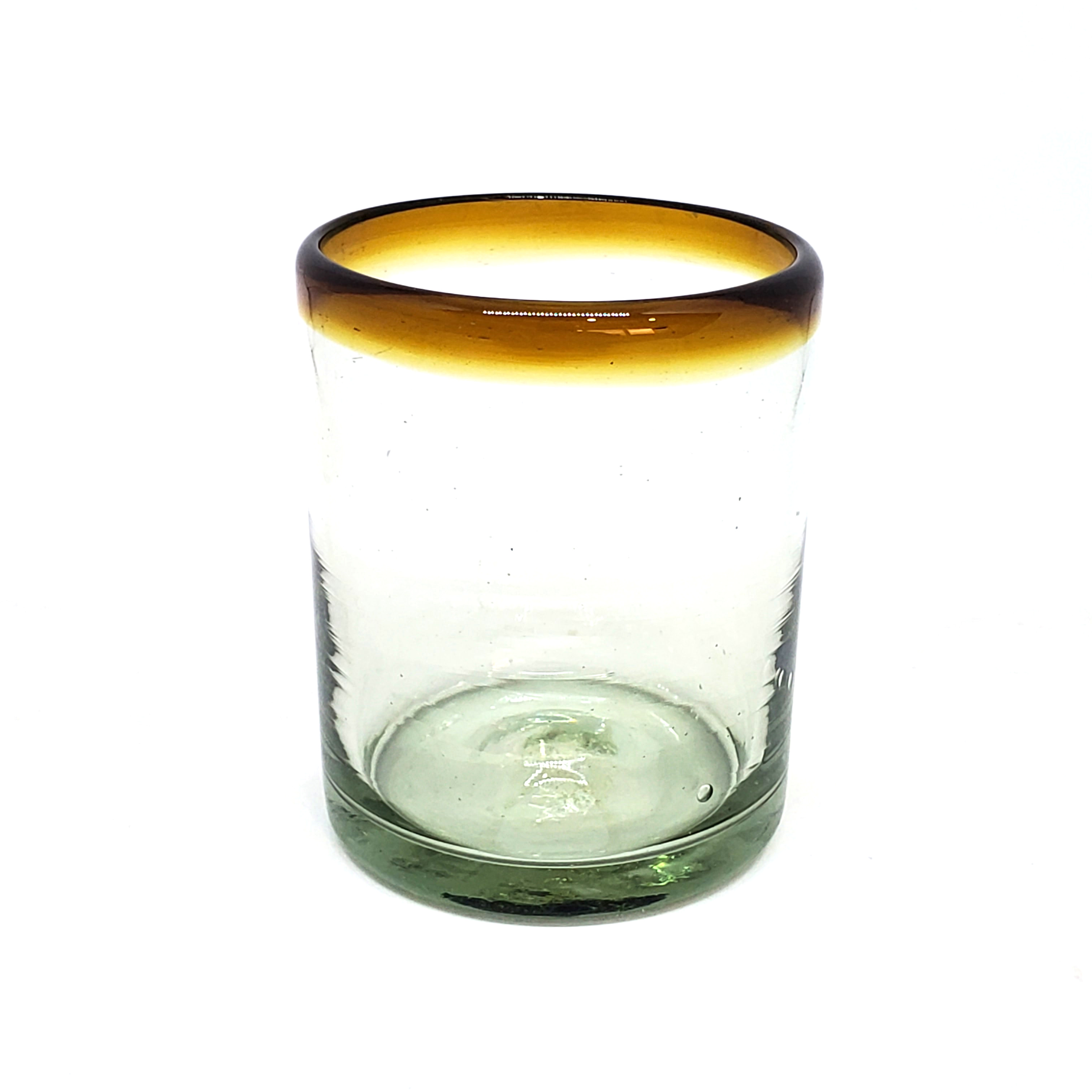 VIDRIO SOPLADO / Juego de 6 vasos chicos con borde color mbar, 10 oz, Vidrio Reciclado, Libre de Plomo y Toxinas